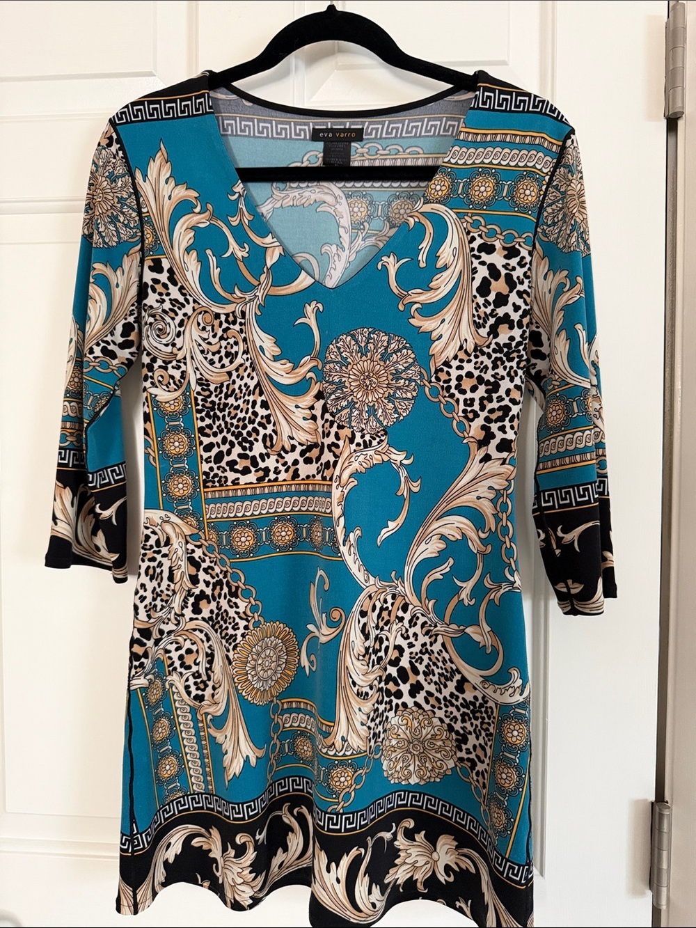 Eva Varro Teal Baroque Print V-Neck Tunic Top